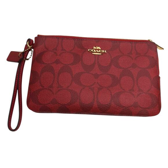 Coach Dark Red Signature Double Zip Leather Wristlet Wallet 5" x 8" - Picture 2 of 7